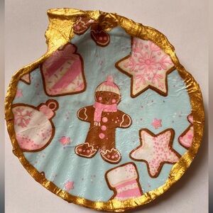 Handcrafted Shell Dish Gingerbread Blue Gold Decoupage
